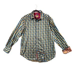 Robert Graham XL Plaid Button Down Shirt Blue Yellow Check Art Trim Cuffs LS